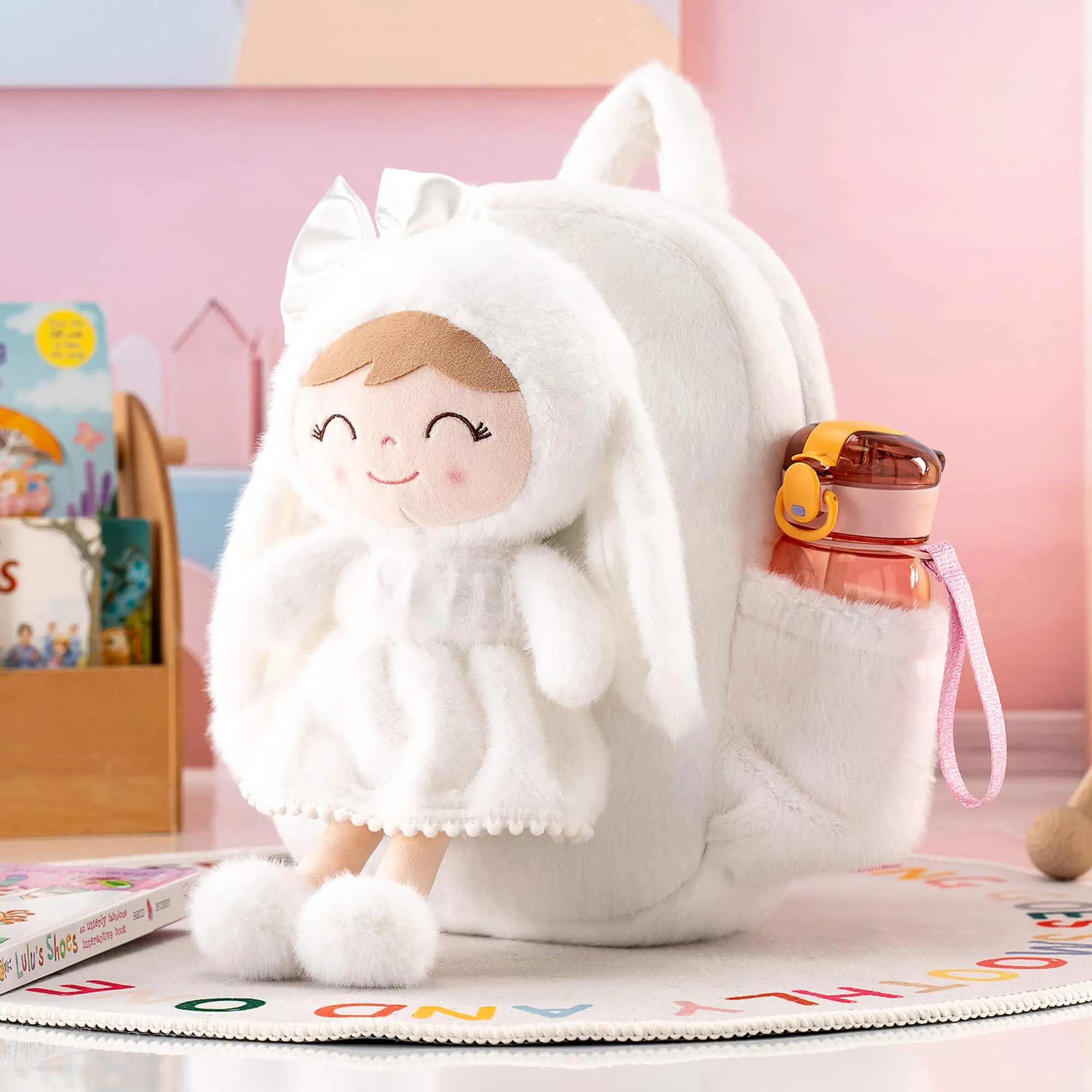 Gloveleya 11-inch Toddler Girl Backpack Snow Ferret Kindergarten Backpacks with 12-inch White Bunny Doll