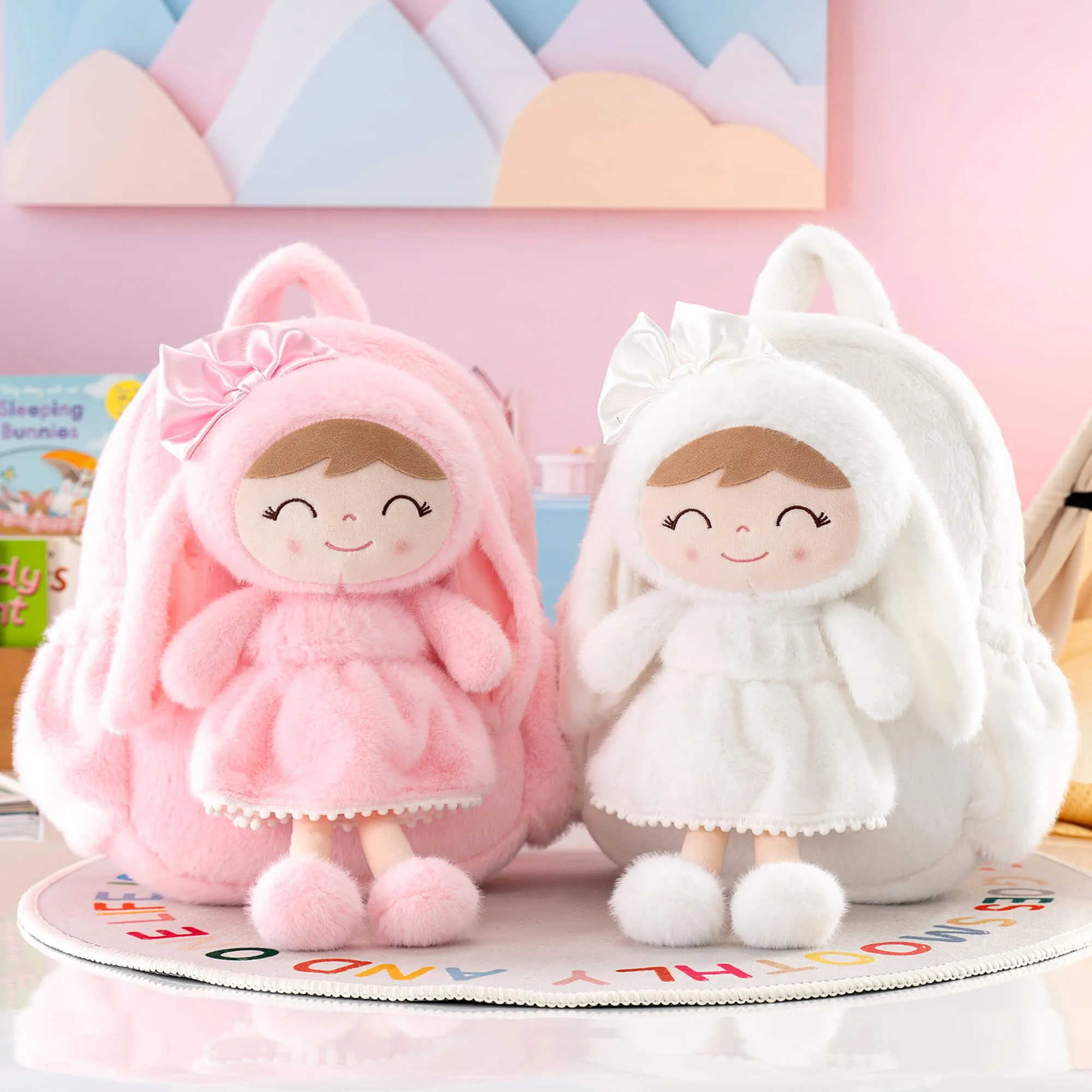 Gloveleya 11-inch Toddler Girl Backpack Snow Ferret Kindergarten Backpacks with 12-inch White Bunny Doll