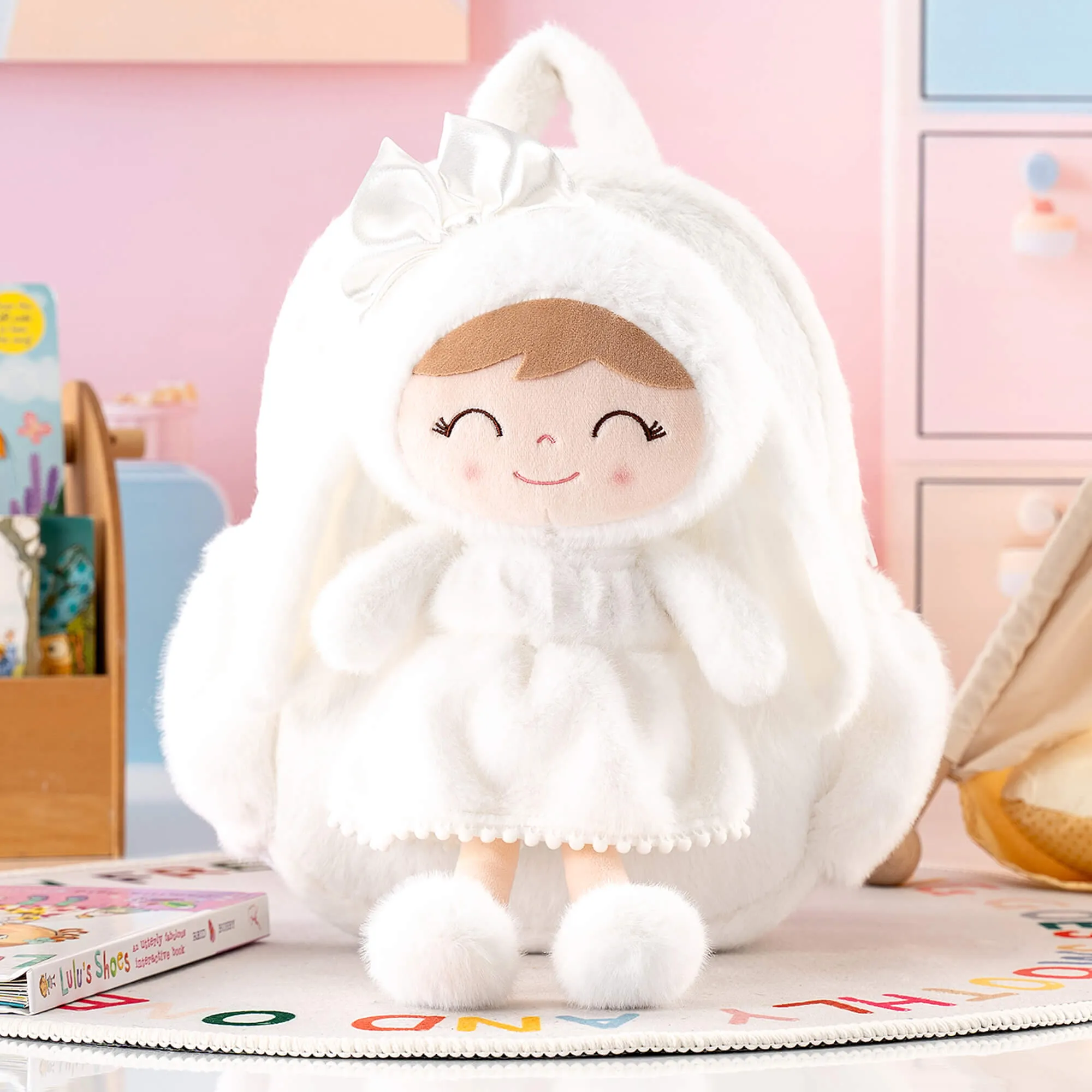 Gloveleya 11-inch Toddler Girl Backpack Snow Ferret Kindergarten Backpacks with 12-inch White Bunny Doll
