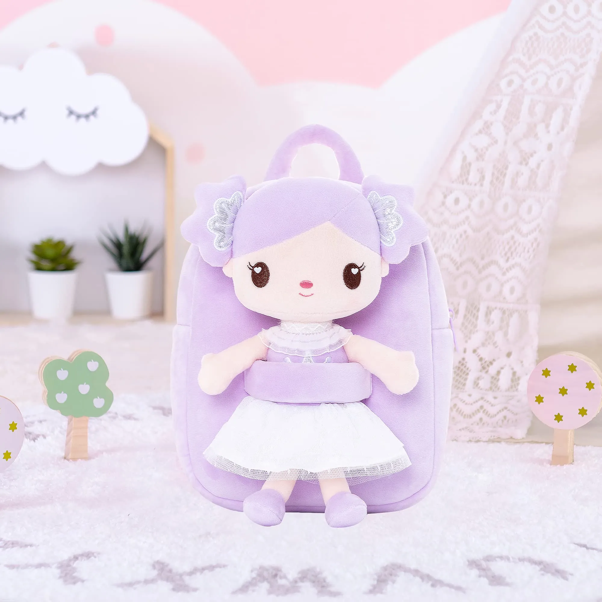 Gloveleya 9-inch Personalized Curl Candy Girls Doll Backpack Purple