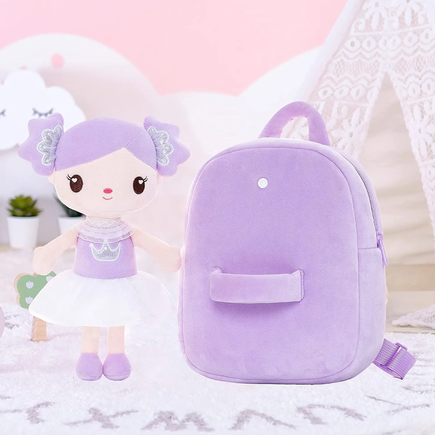 Gloveleya 9-inch Personalized Curl Candy Girls Doll Backpack Purple