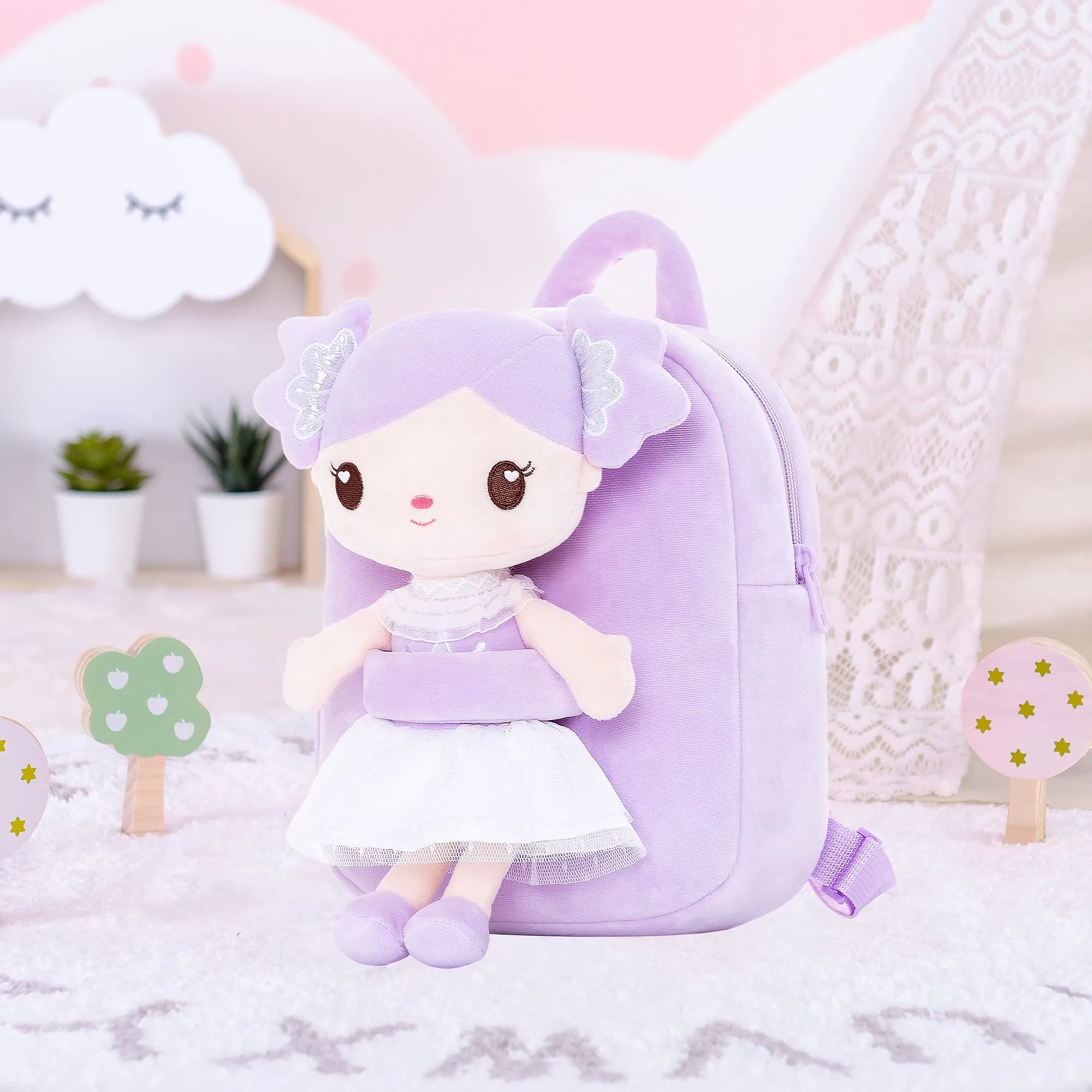 Gloveleya 9-inch Personalized Curl Candy Girls Doll Backpack Purple