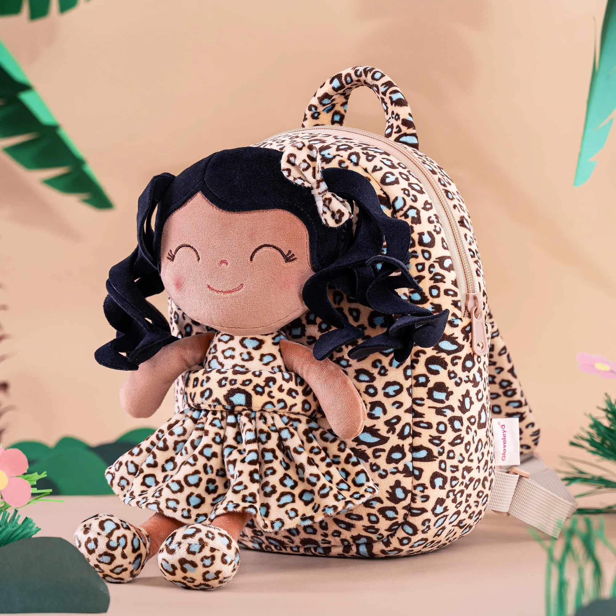 Gloveleya 9-inch Personalized Plush Curly Animal Leopard Dolls Backpack Tanned