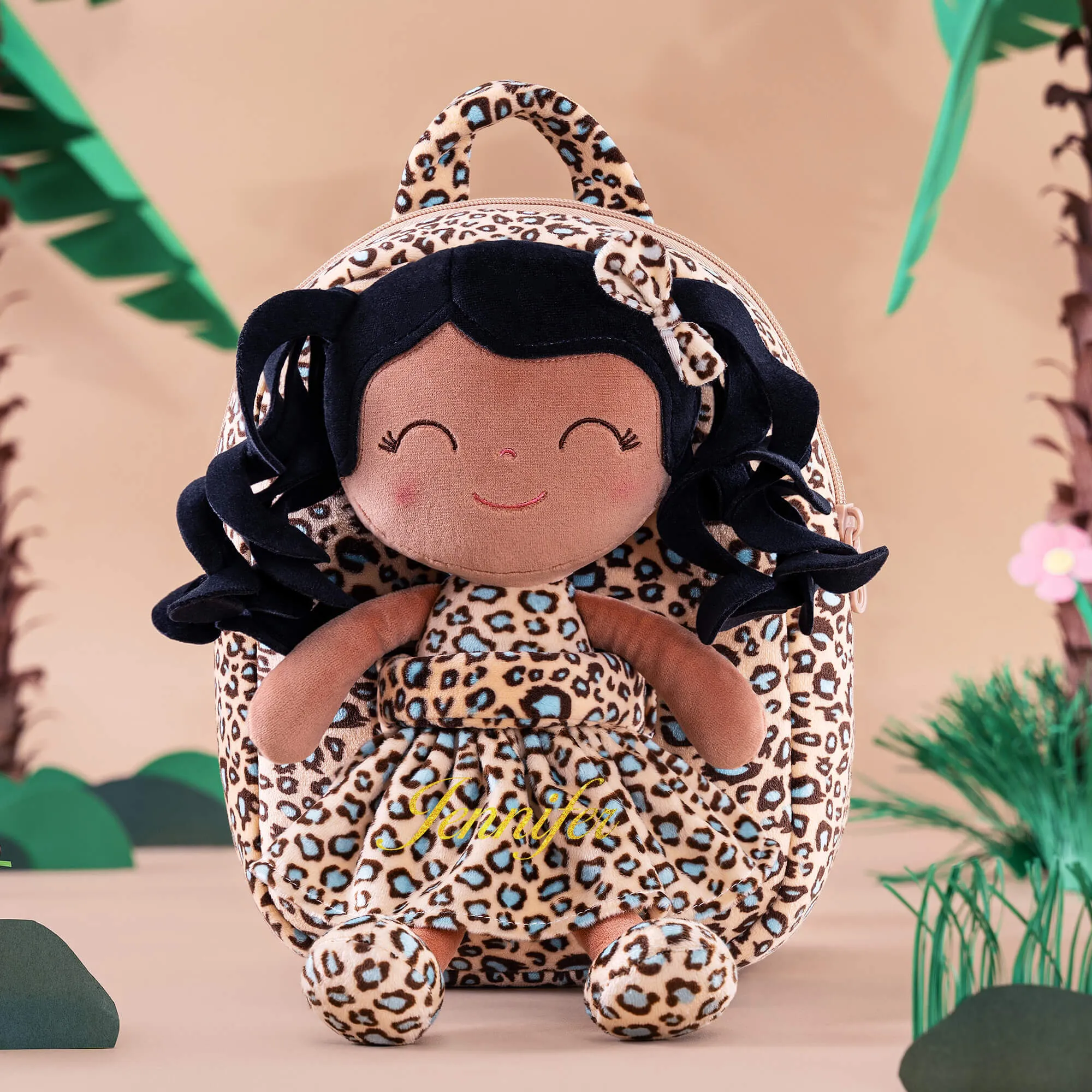 Gloveleya 9-inch Personalized Plush Curly Animal Leopard Dolls Backpack Tanned