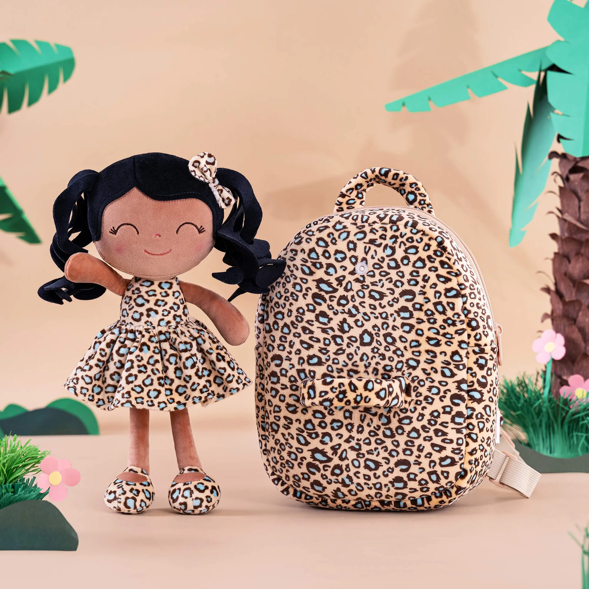 Gloveleya 9-inch Personalized Plush Curly Animal Leopard Dolls Backpack Tanned
