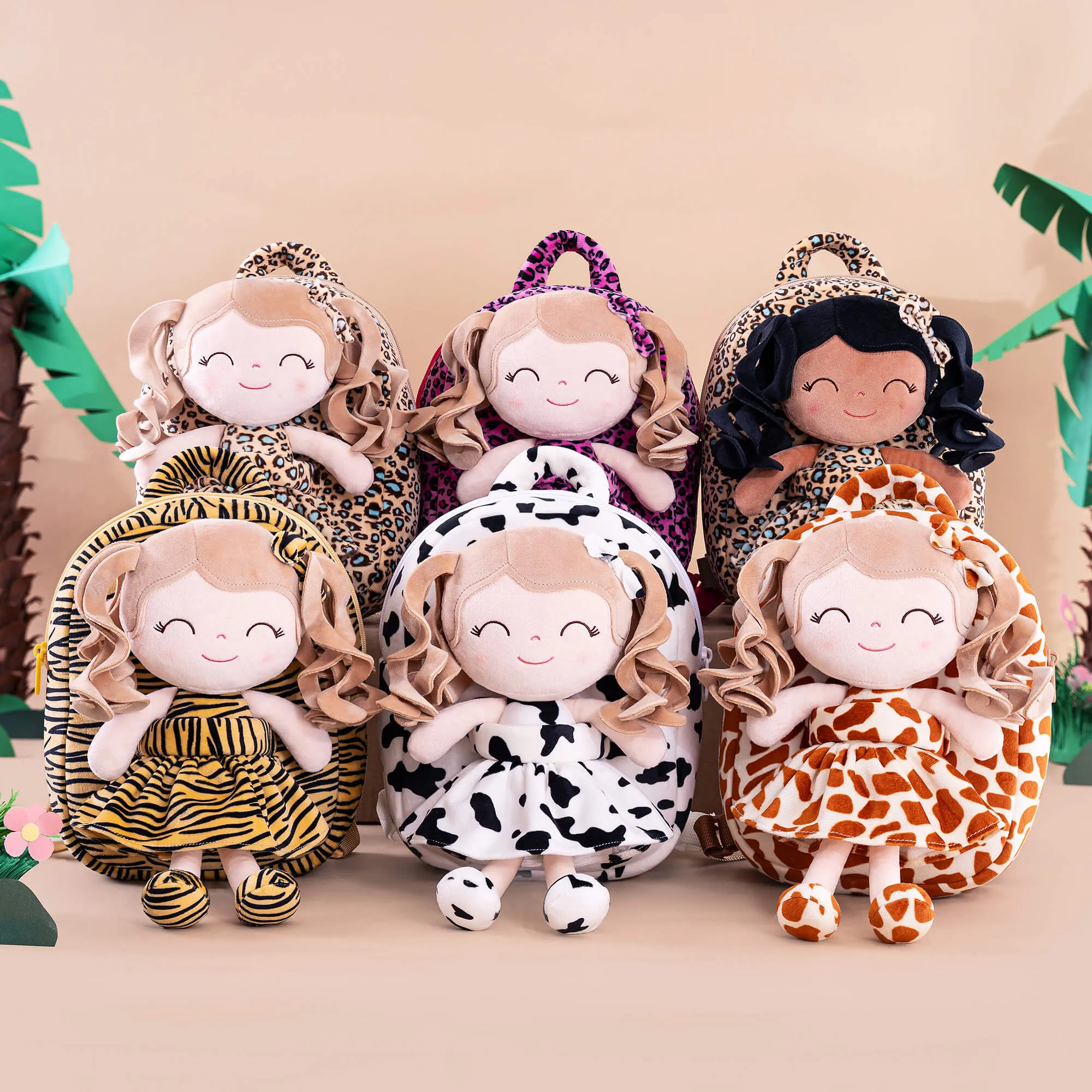 Gloveleya 9-inch Personalized Plush Curly Animal Leopard Dolls Backpack Tanned