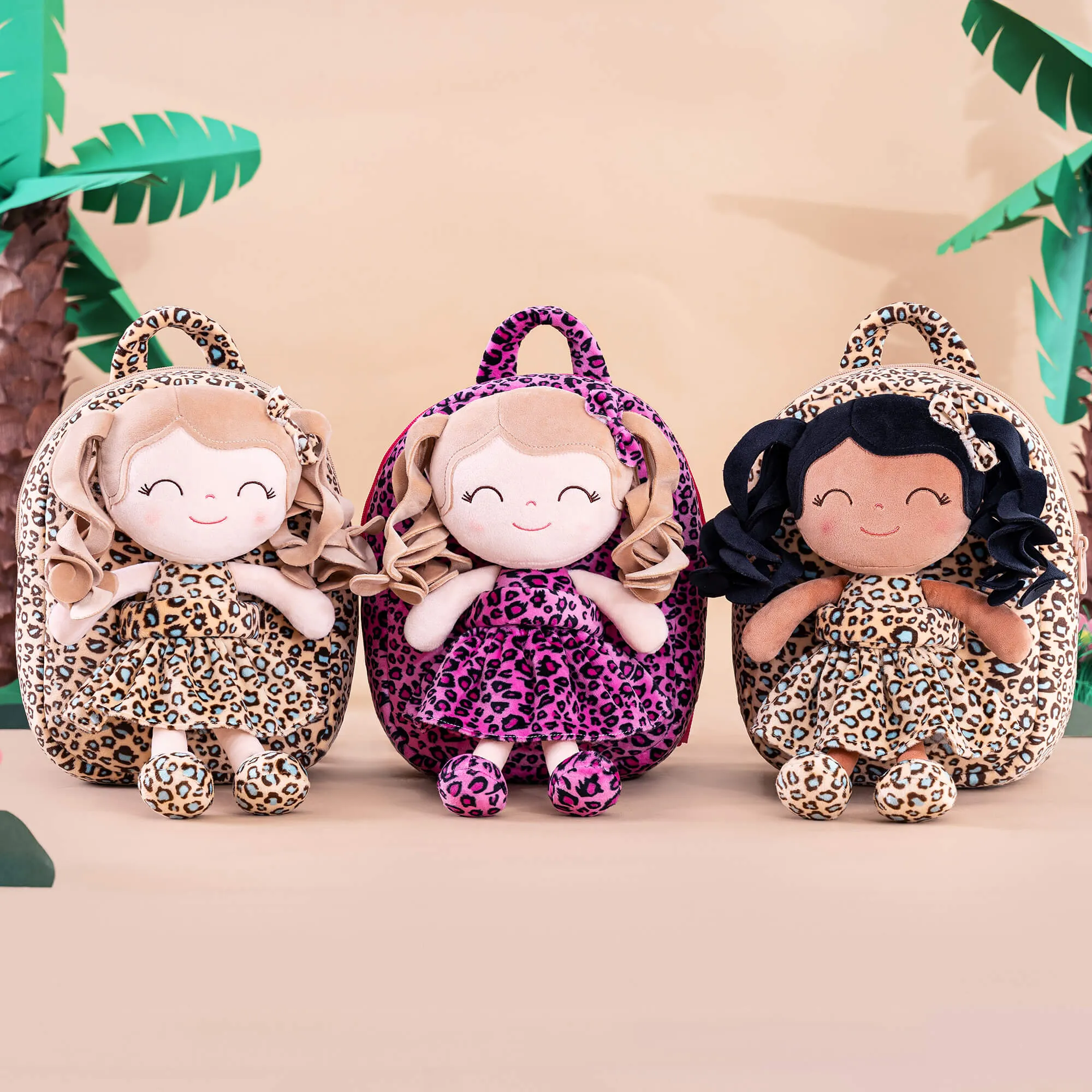 Gloveleya 9-inch Personalized Plush Curly Animal Leopard Dolls Backpack Tanned
