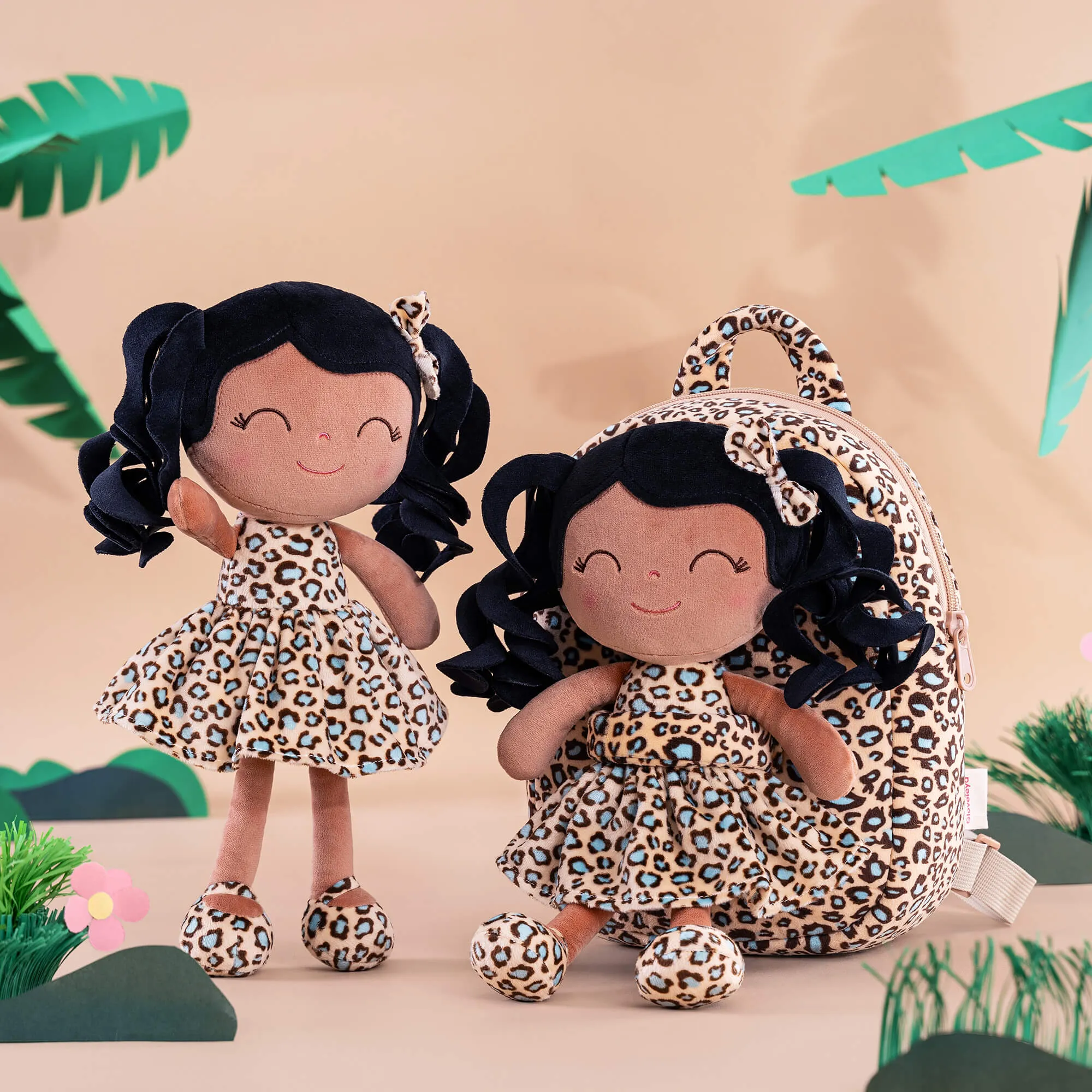 Gloveleya 9-inch Personalized Plush Curly Animal Leopard Dolls Backpack Tanned