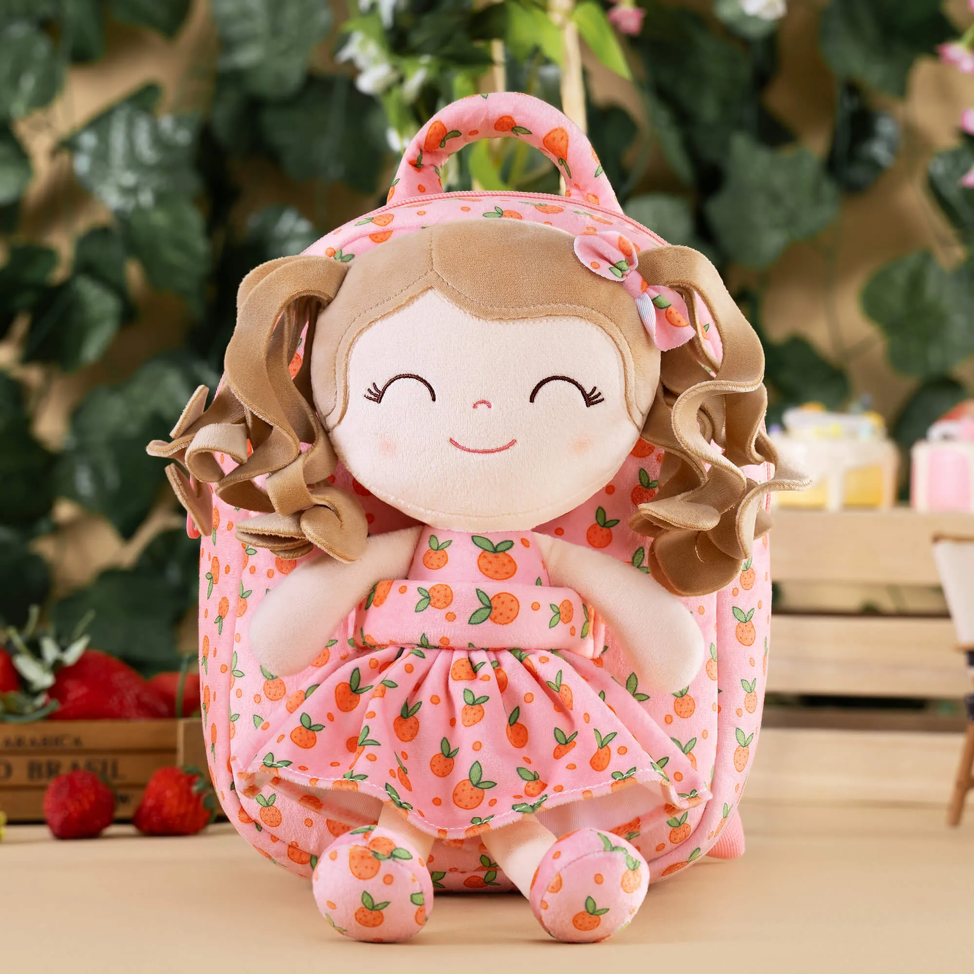 Gloveleya 9-inch Personalized Plush Curly Fruit Dolls Backpack Orange