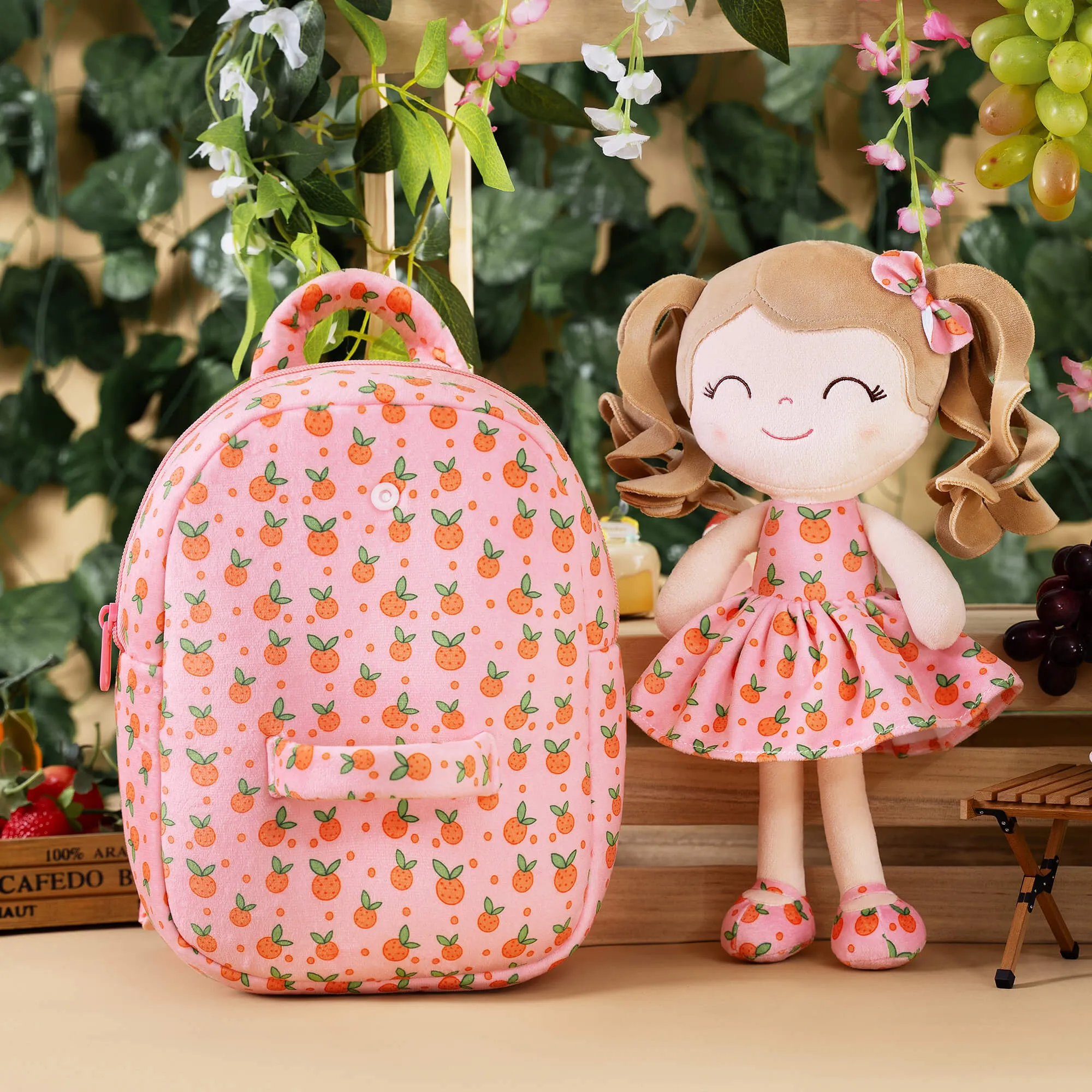 Gloveleya 9-inch Personalized Plush Curly Fruit Dolls Backpack Orange