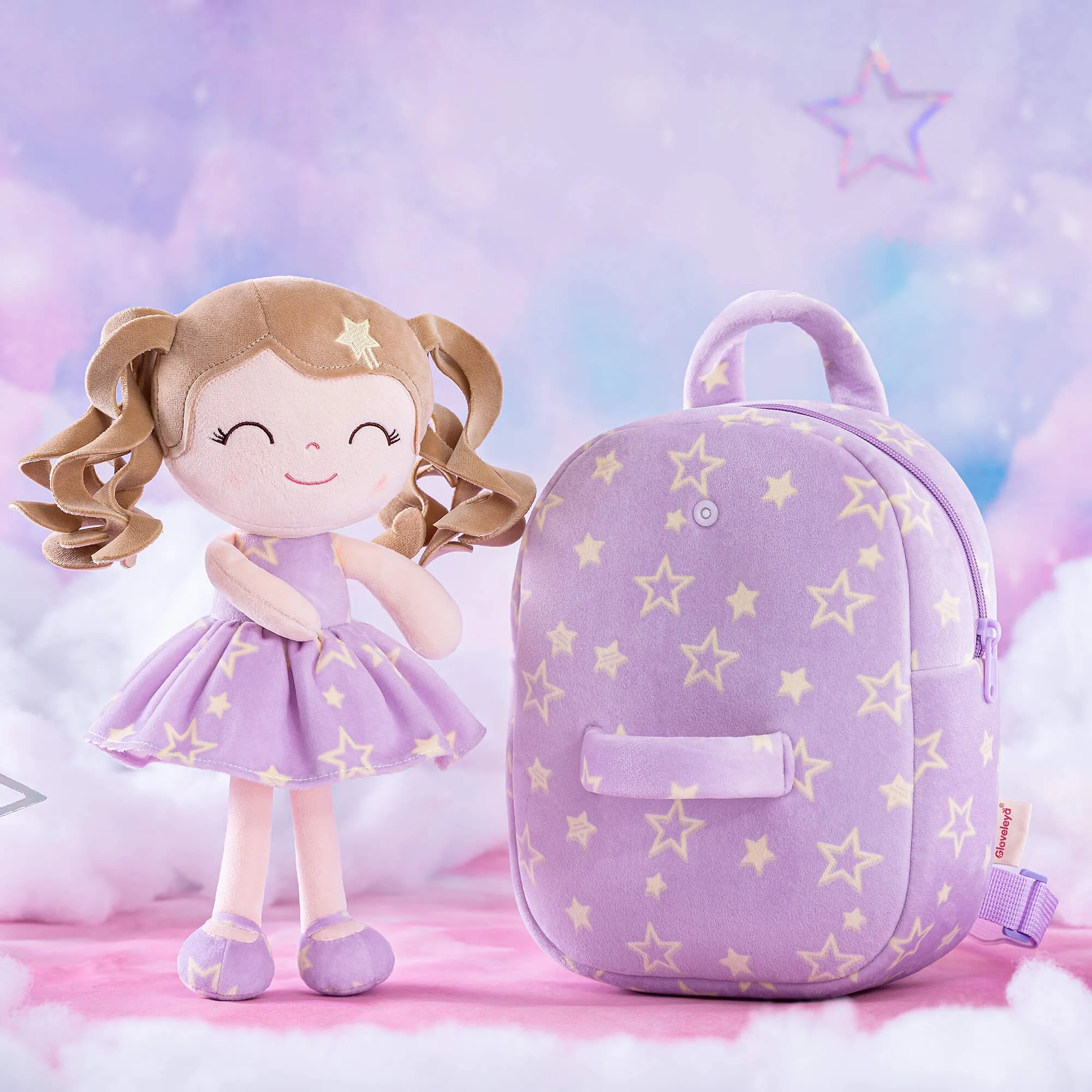 Gloveleya 9-inch Toddler Backpack Plush Curly Star Dolls Backpack Purple