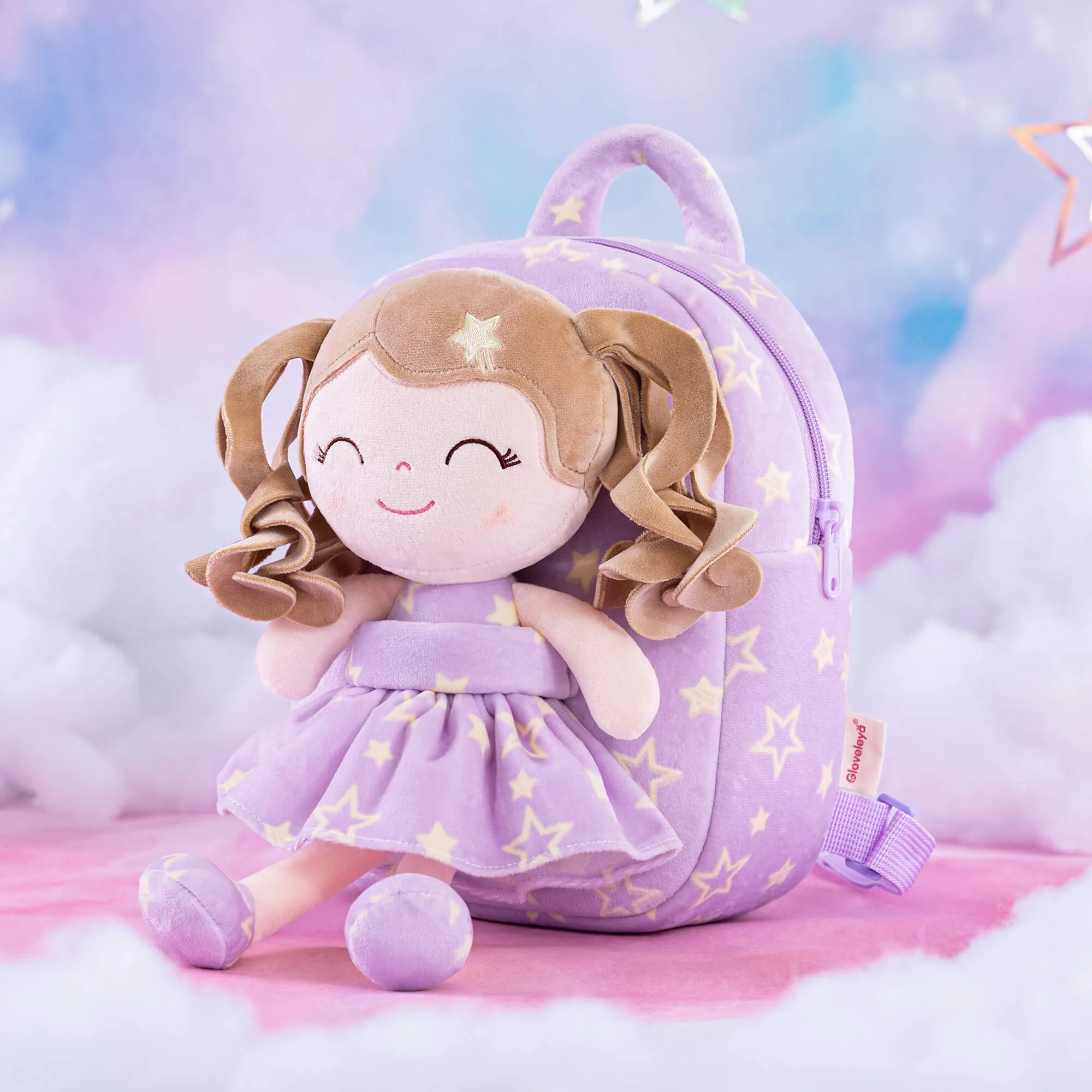 Gloveleya 9-inch Toddler Backpack Plush Curly Star Dolls Backpack Purple