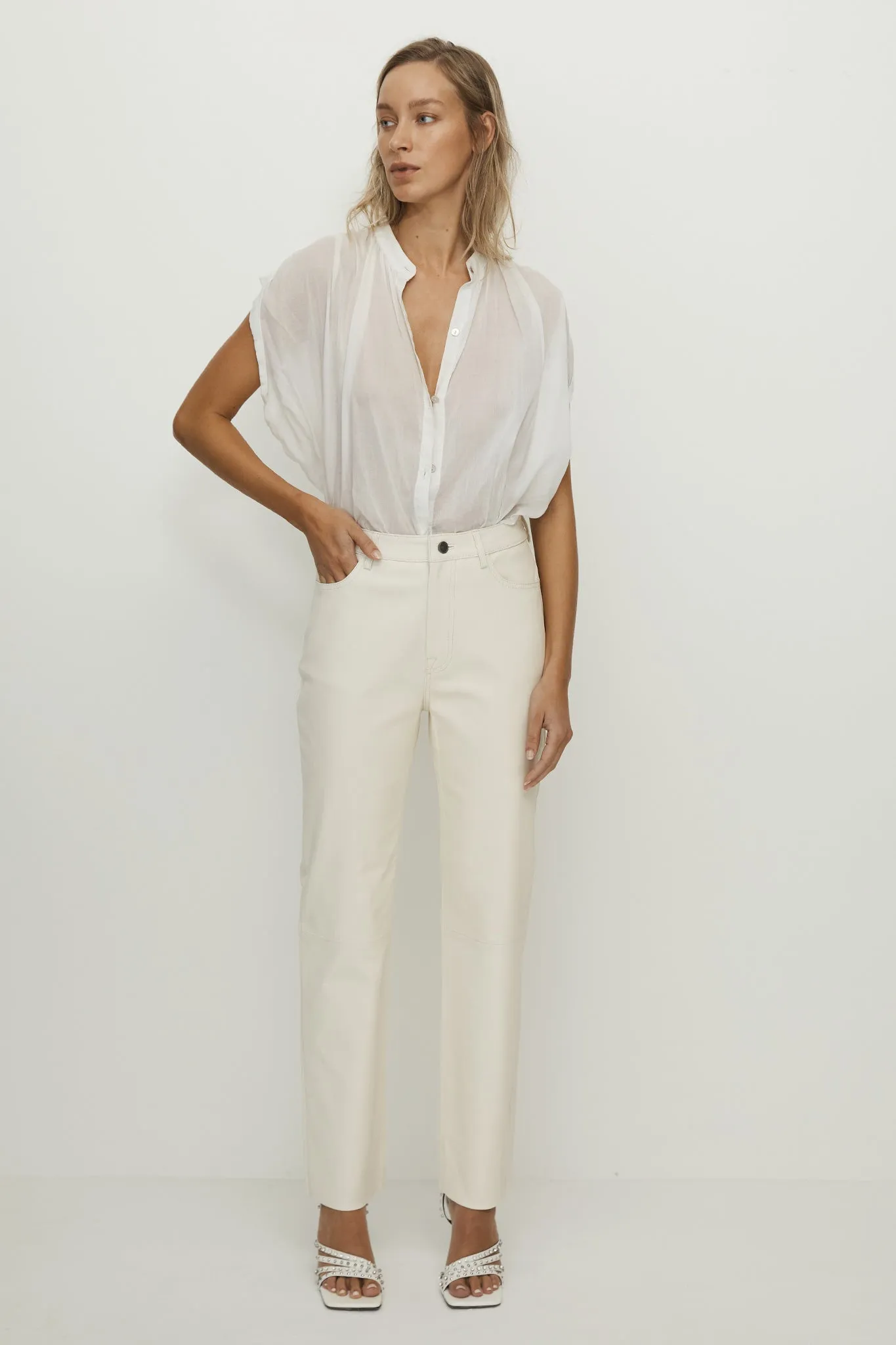 Grove Straight Leg Pant Seashell White Stretch Leather