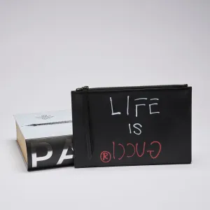 Gucci Black Leather 'Life is Gucci' Flat Pouch