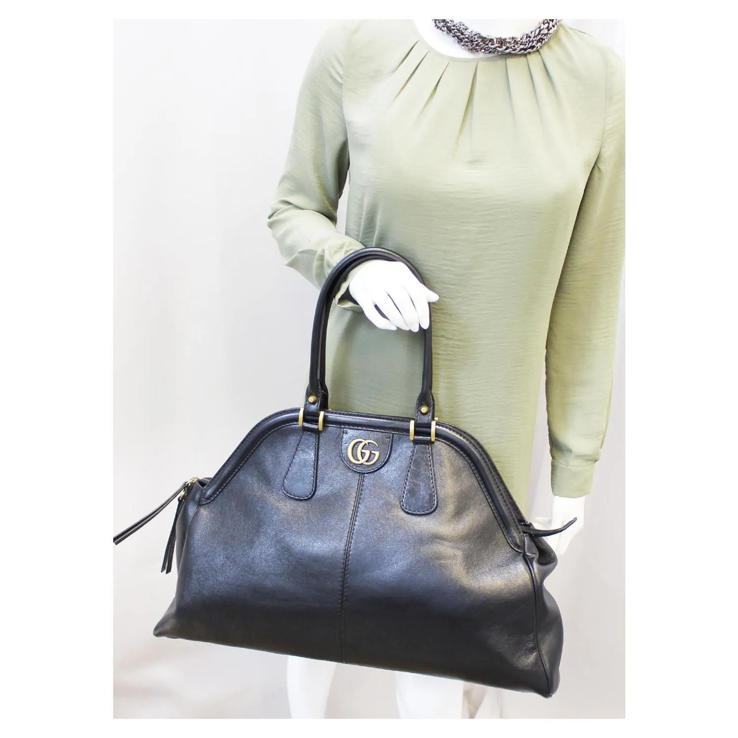 GUCCI Rebelle Top Handle Black Leather Satchel Handbag
