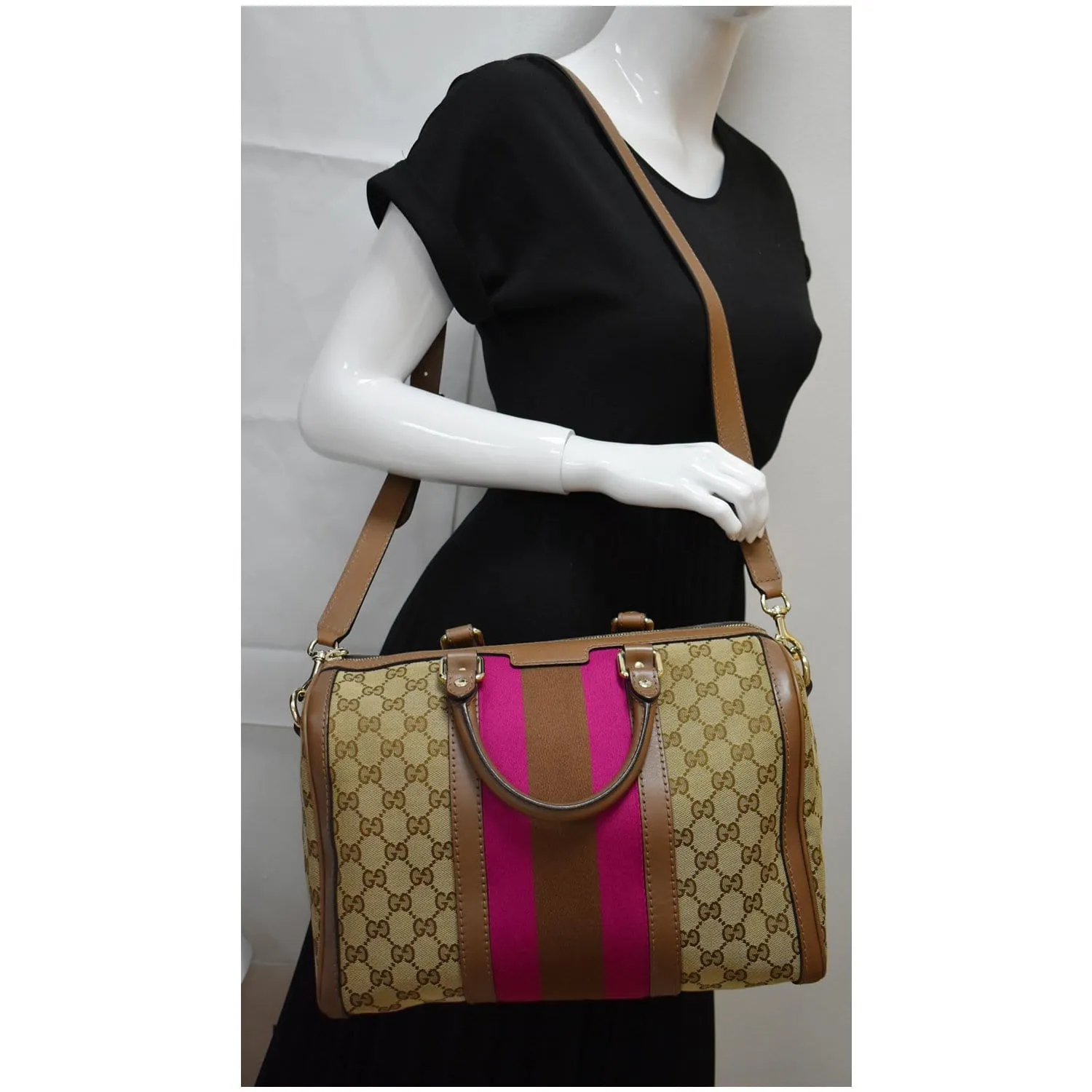 GUCCI Vintage Web GG Canvas Boston Bag Beige 247205