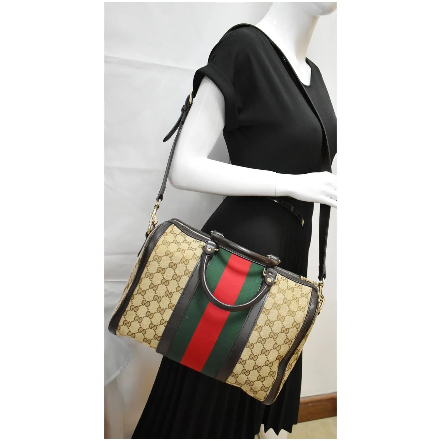 GUCCI Vintage Web Original GG Boston Satchel Bag Beige 247205