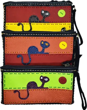 Handmade genuine leather collage art clutch/ wallet-Cat & Moon design