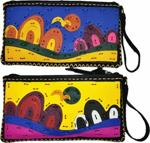 Handmade genuine leather collage art clutch/ wallet-Rolling Hills design