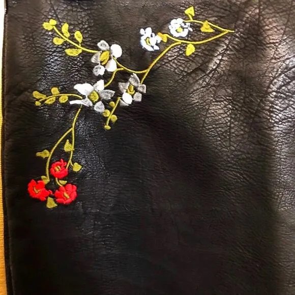 Haute Rogue NWT Black &amp; Blue Embroidered Faux Leather Skirt