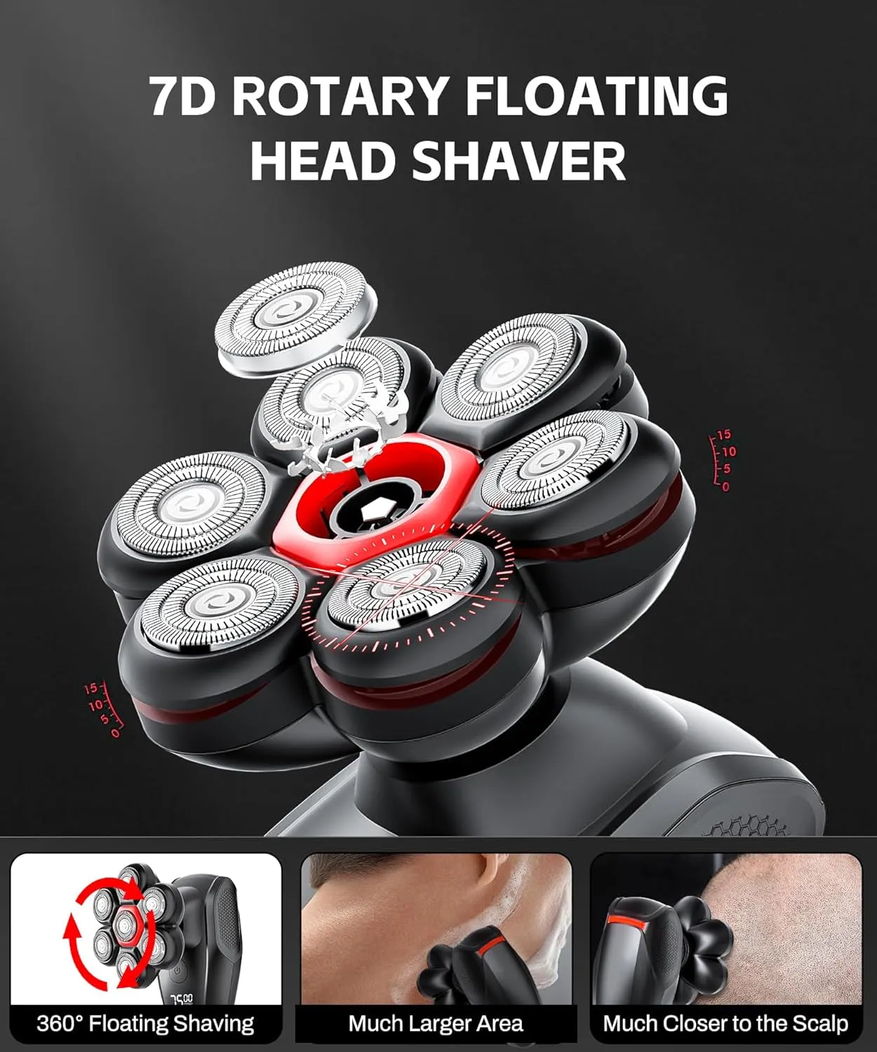 Head Shavers for Bald Men - Magnetic 7D Electric Razor IPX8 Waterproof for Bald Men, Wet/Dry LED Display Rechargeable Rotary Shaver 5-In-1 Grooming Kit with USB-C Charge
