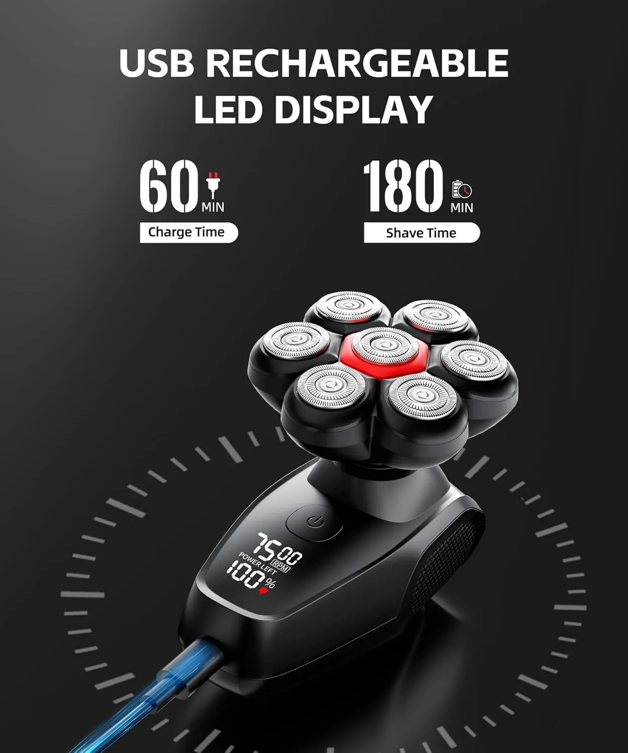 Head Shavers for Bald Men - Magnetic 7D Electric Razor IPX8 Waterproof for Bald Men, Wet/Dry LED Display Rechargeable Rotary Shaver 5-In-1 Grooming Kit with USB-C Charge