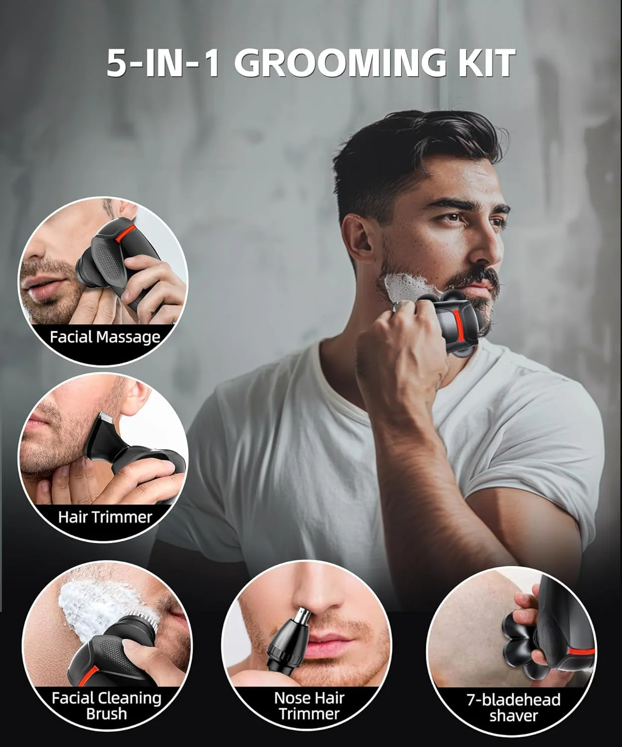 Head Shavers for Bald Men - Magnetic 7D Electric Razor IPX8 Waterproof for Bald Men, Wet/Dry LED Display Rechargeable Rotary Shaver 5-In-1 Grooming Kit with USB-C Charge
