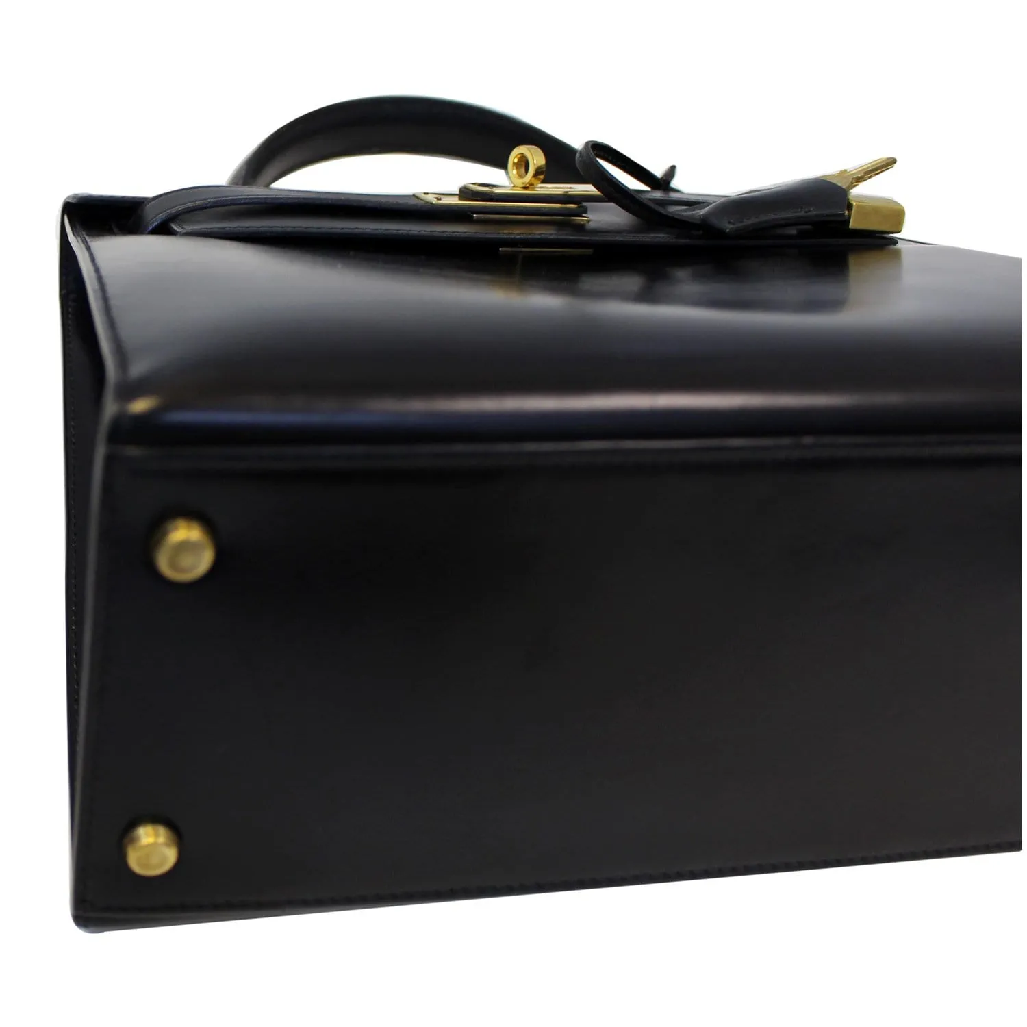 HERMES Kelly Sellier 28 Box Leather Satchel Bag Black