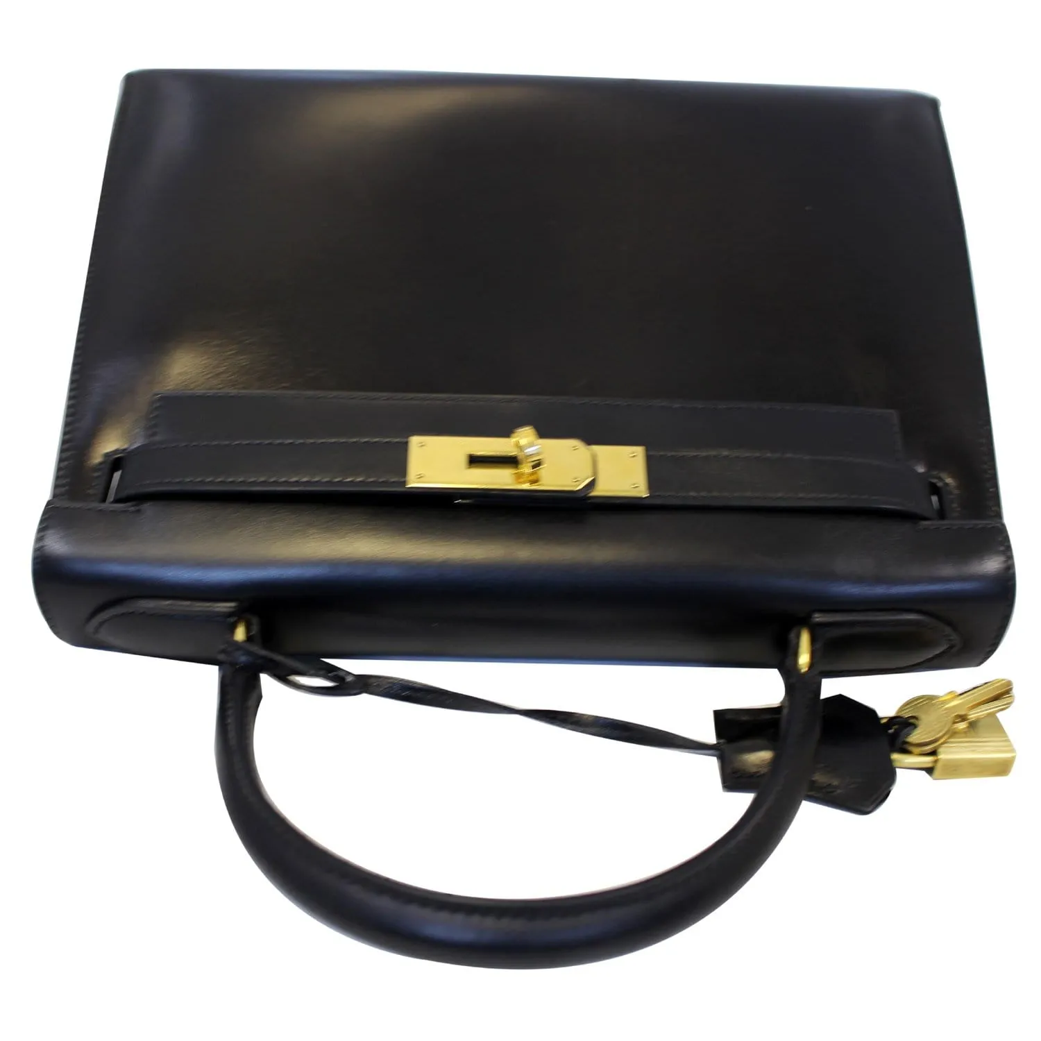 HERMES Kelly Sellier 28 Box Leather Satchel Bag Black