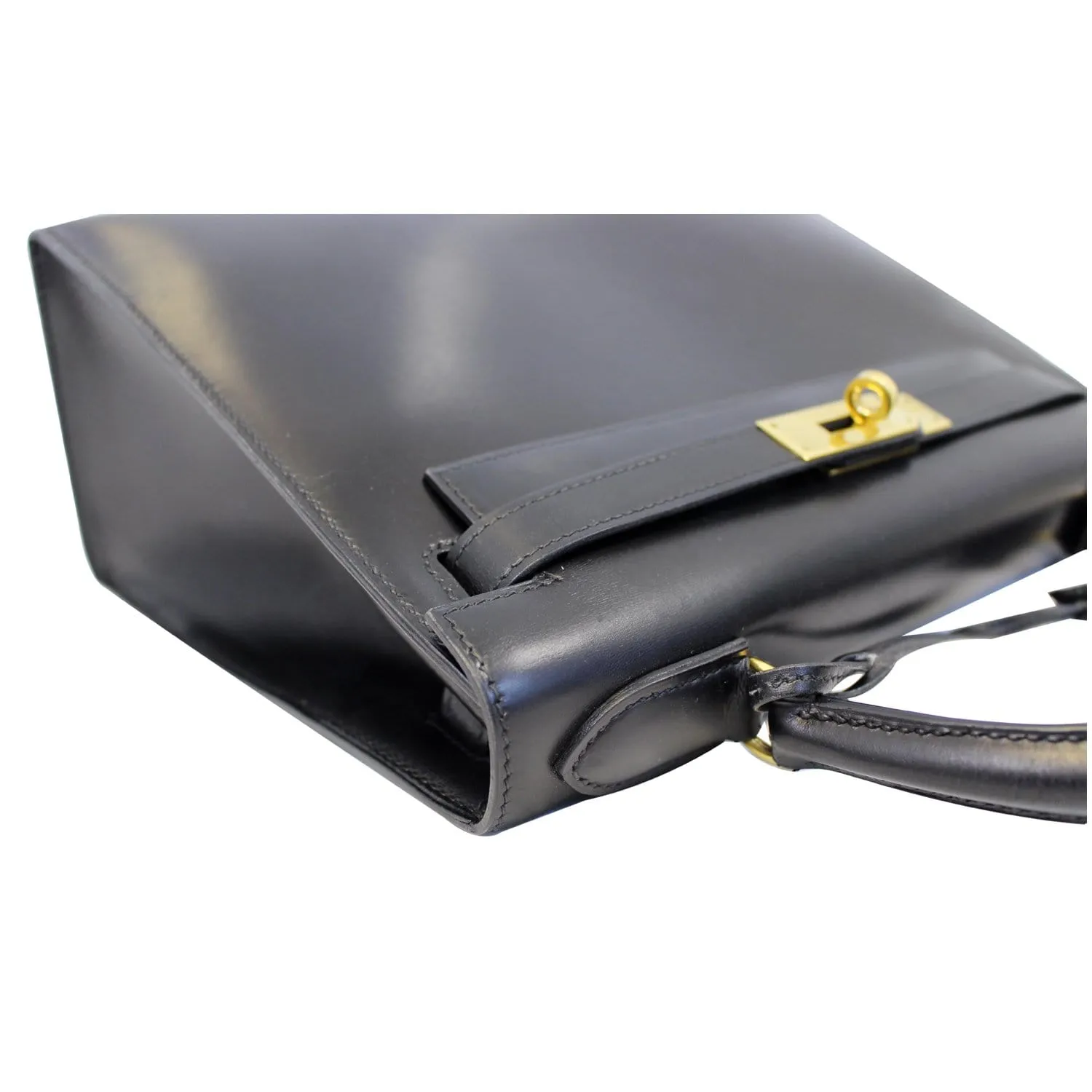 HERMES Kelly Sellier 28 Box Leather Satchel Bag Black