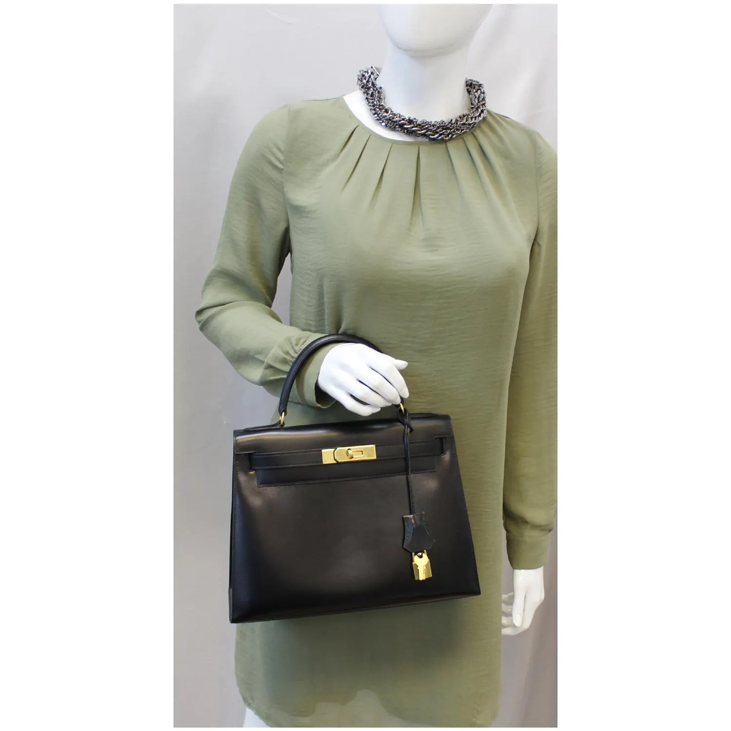 HERMES Kelly Sellier 28 Box Leather Satchel Bag Black