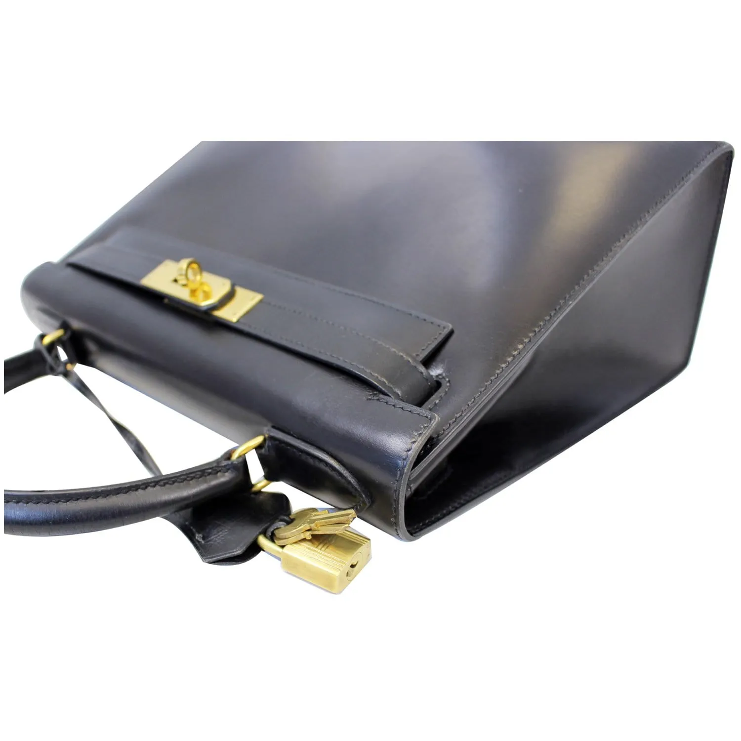 HERMES Kelly Sellier 28 Box Leather Satchel Bag Black
