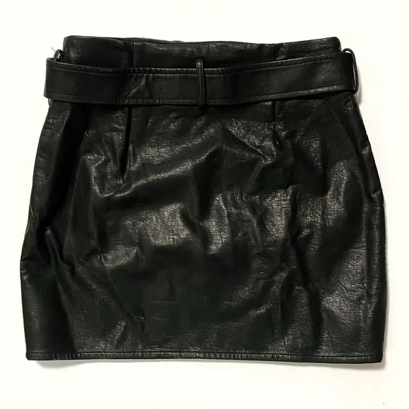 I.AM.GIA Courtney black vegan faux leather buckle belt zipper moto mini skirt