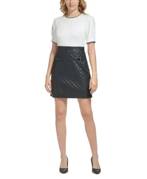 Karl Lagerfeld Paris Ponte Bodice Quilted PU Skirt Belted Sheath Dress Black 16