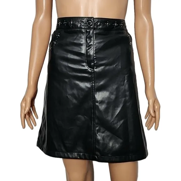 KARL LAGERFELD PARIS Women's Embellished Faux‎ Leather Black Skirt Size 12