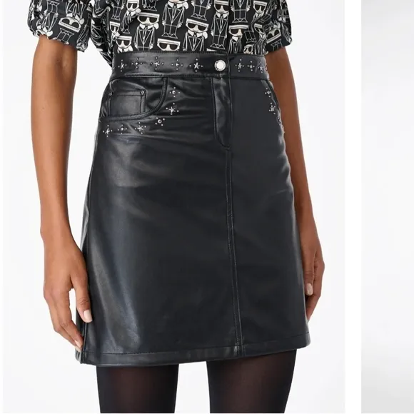 KARL LAGERFELD PARIS Women's Embellished Faux‎ Leather Black Skirt Size 12
