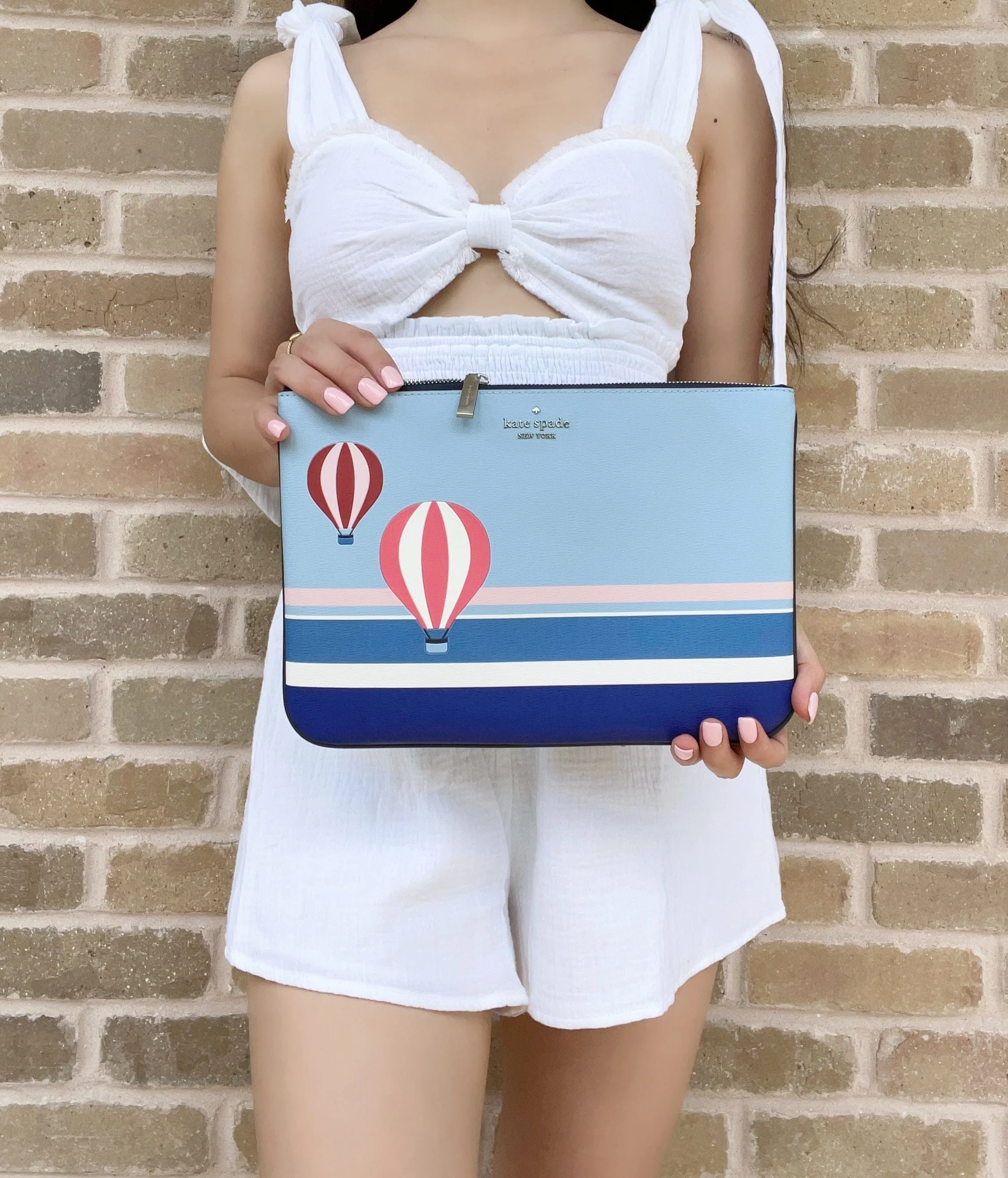 Kate Spade Up up And Away Hot Air Balloon Large Zip Pouch Blue Multi Leather