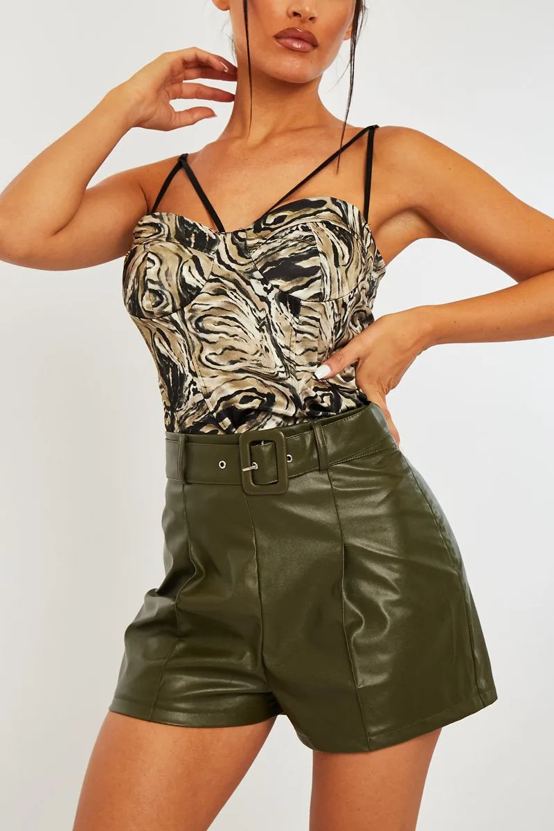 Khaki Faux Leather Buckle Belt Shorts - Tamra