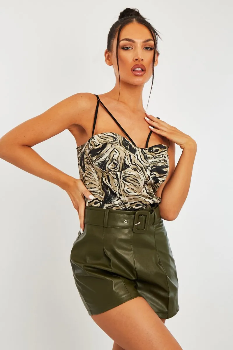 Khaki Faux Leather Buckle Belt Shorts - Tamra