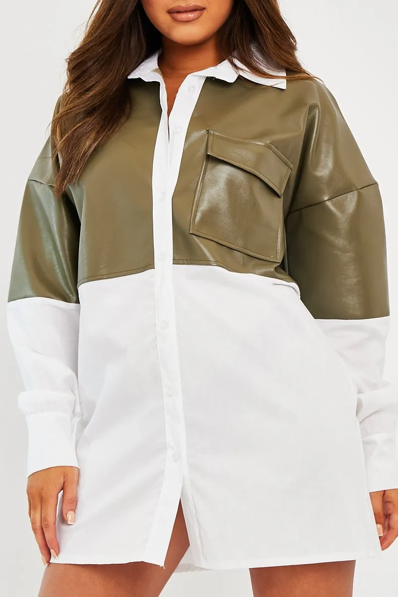 Khaki Faux Leather Panel Shirt Dress - Arriya