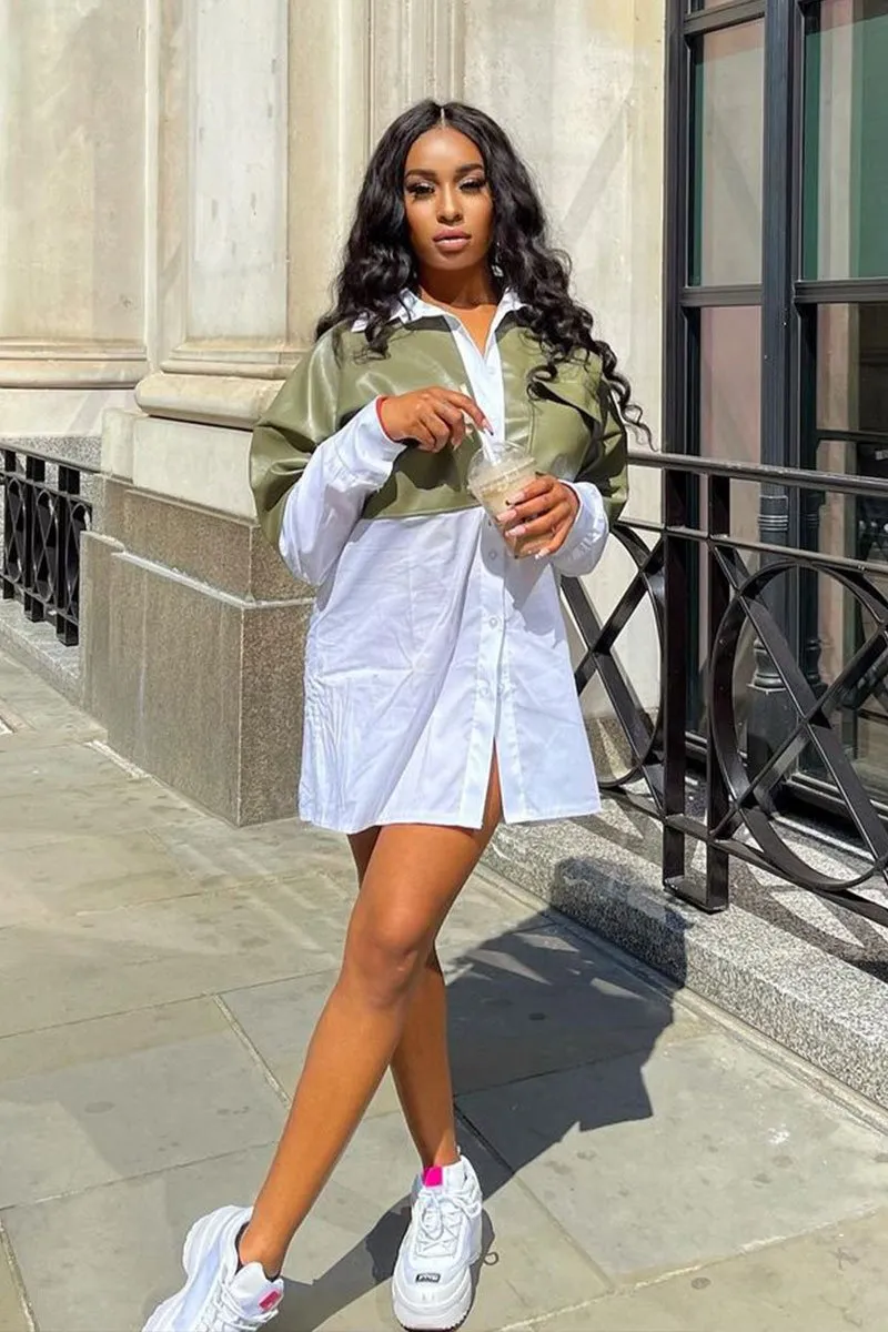 Khaki Faux Leather Panel Shirt Dress - Arriya