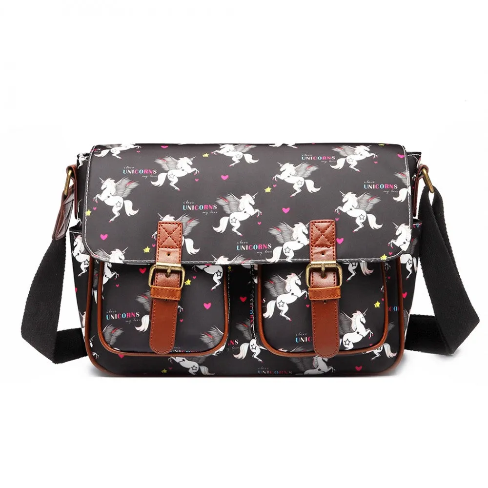 L1107 Un - Miss Lulu Matte Oilcloth Unicorn Satchel - Black