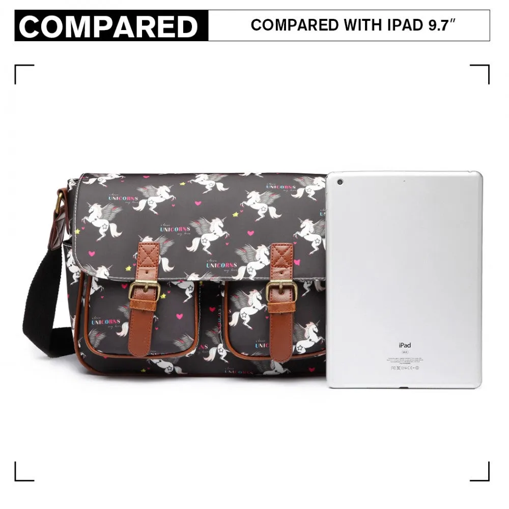 L1107 Un - Miss Lulu Matte Oilcloth Unicorn Satchel - Black