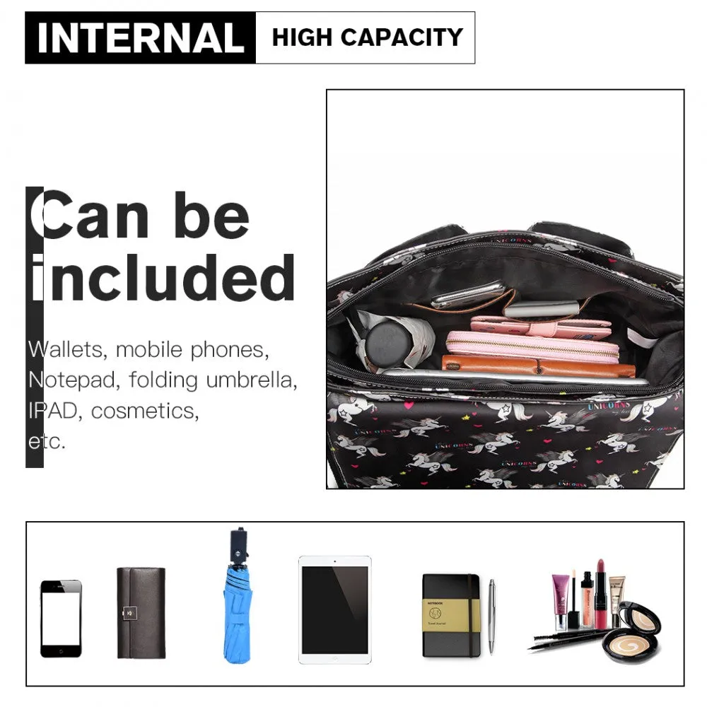 L1107 Un - Miss Lulu Matte Oilcloth Unicorn Satchel - Black