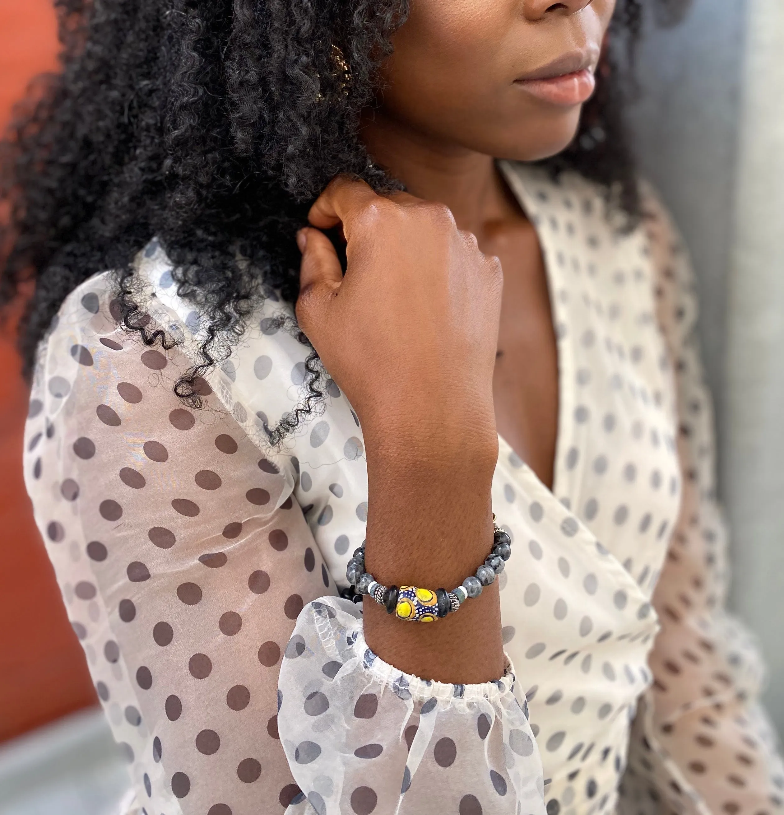 Larvikite Stainless Steel Beaded Bracelet