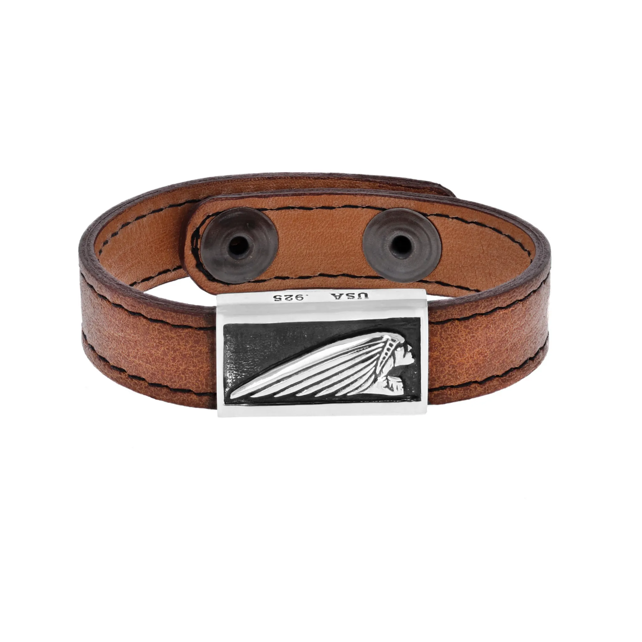 Leather Bracelet with Silver Indian Motorcycle Headdress Logo