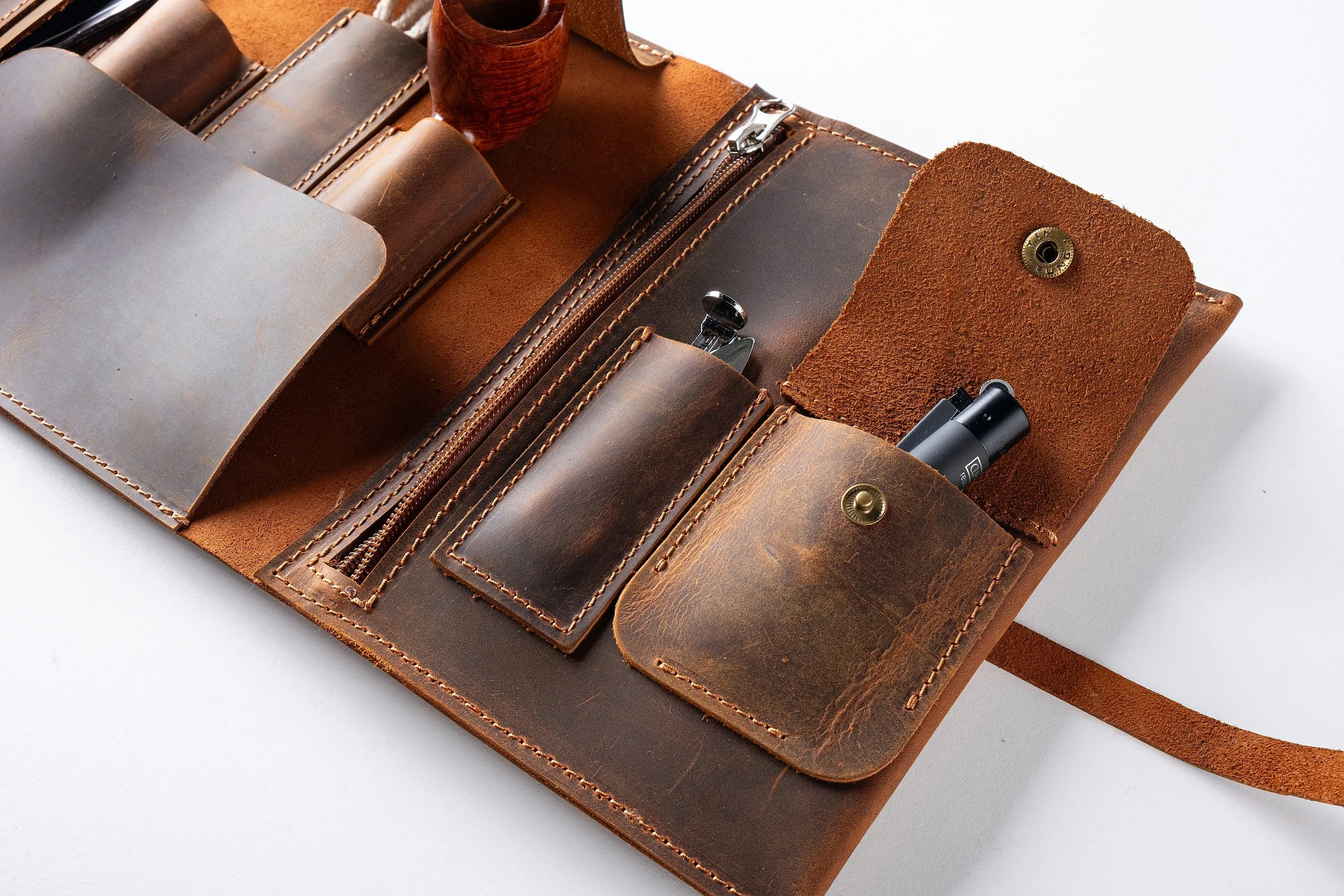 Leather Pipe Roll Set, Handmade Pipe Pouch Bag for 1/2/3-Pipe, Personalized Pipe Tobacco Pouch, Pipe Stand, Valet Tray, Tobacco Mat