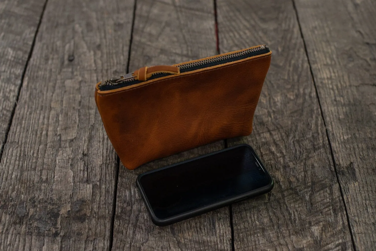 LEATHER TOP ZIPPERED POUCH - SMALL - TANGERINE BISON