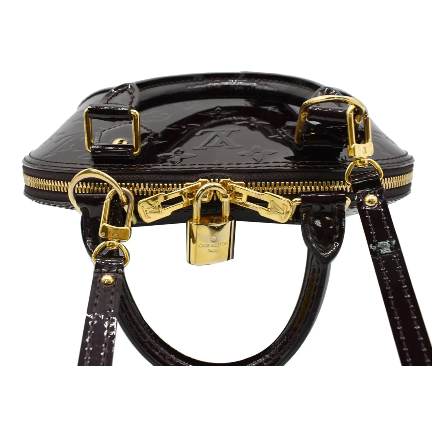 LOUIS VUITTON Alma BB Vernis Leather Satchel Crossbody Bag Amarante