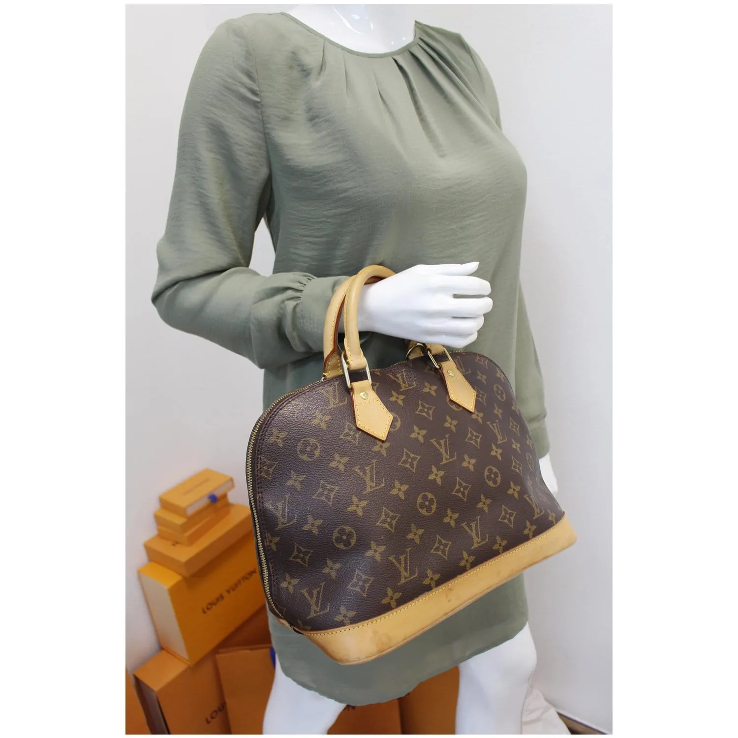 LOUIS VUITTON Alma Monogram Canvas Satchel Bag Brown - 20% OFF